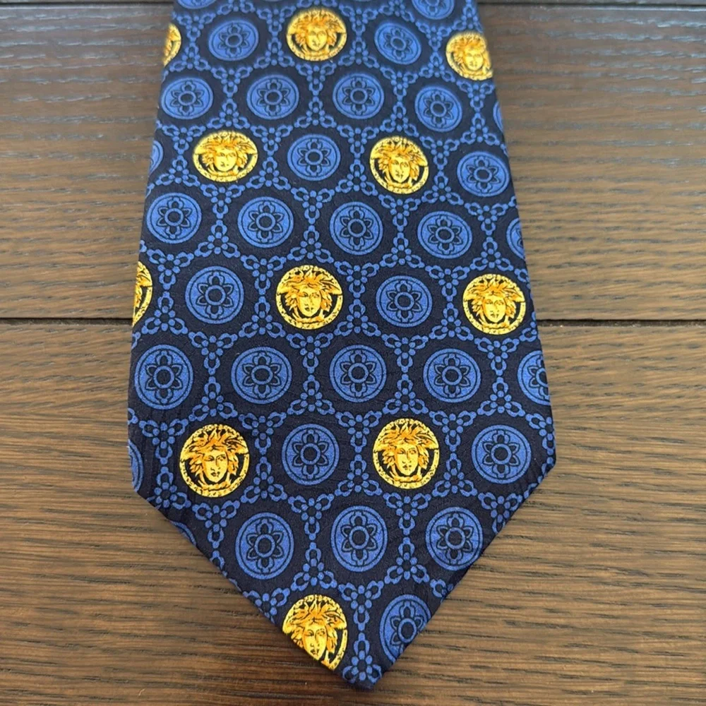 Gianni Versace Vintage Blue with Gold Medusa Print Silk Tie